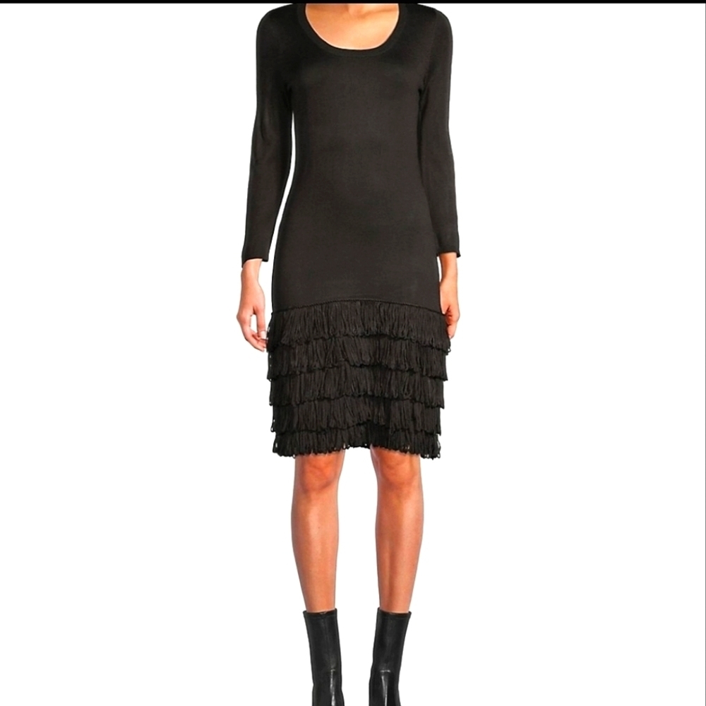 Calvin Klein wool blend black sweater dress looped fringe bottom Small S